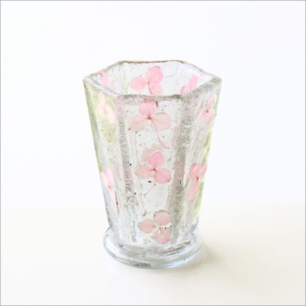花瓶 ガラス おしゃれ かわいい フラワーベース 花器 ガラスベース 小ぶり 小さい ヘキサゴン型 インドのガラスベース プレスフラワー  [kan7832]
