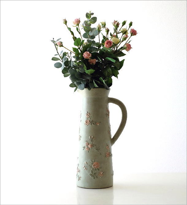 花瓶 フラワーベース おしゃれ 陶器 レトロ かわいい バラ 花模様 テラコッタローズウッドピッチャー Sik2806 ギギliving