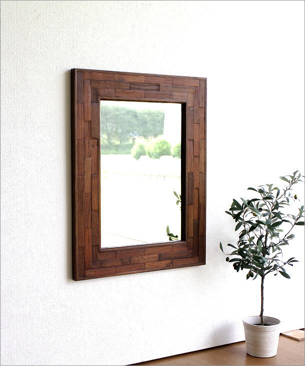 鏡 壁掛けミラー 木製 おしゃれ ウッド 天然木 玄関 ウォールミラー